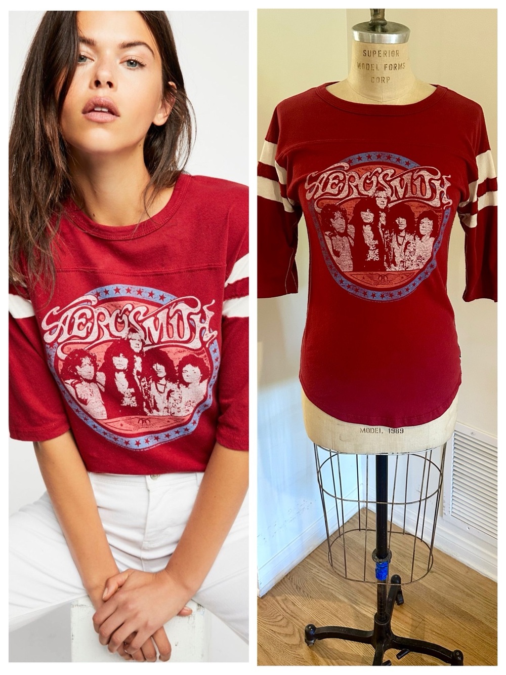 Trunk Ltd x Free People RARE Aerosmith Band Football Tee in Red, Small